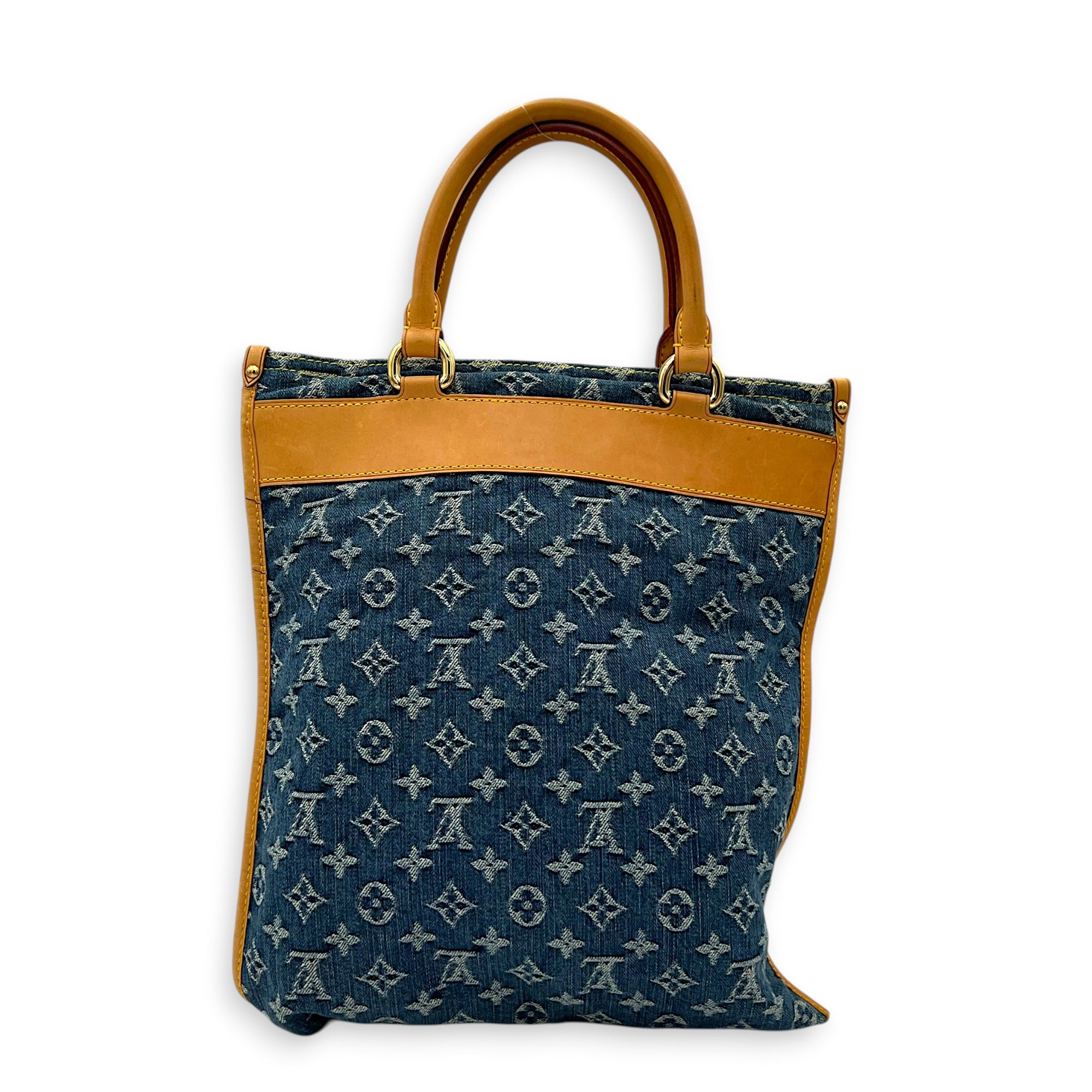 Sac Plat Shopper Top Handle Bag Blue in Denim, Gold hardware
