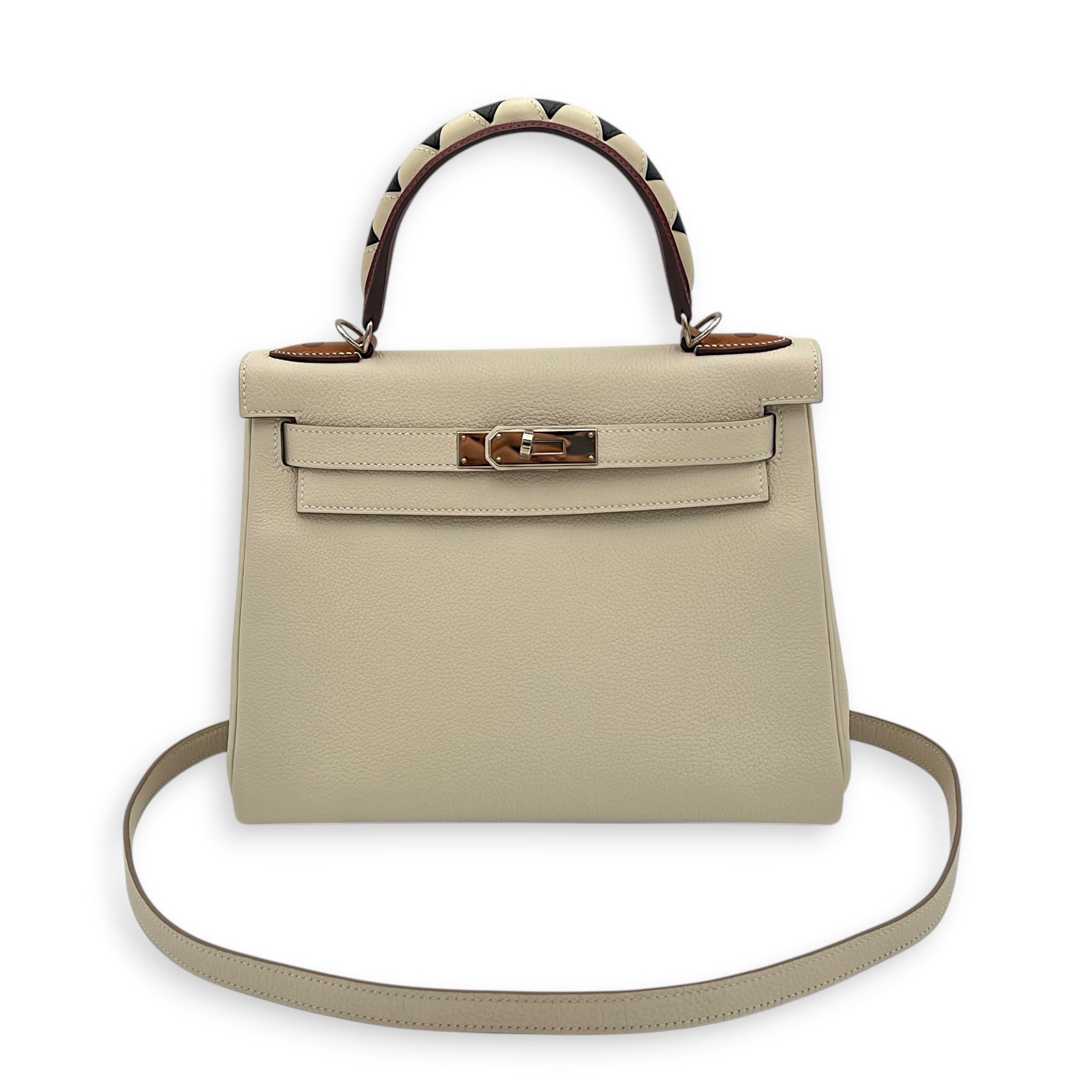 Kelly Gallop 28 Craie/Black/Fauve/Rouge H Top Handle Bag in Togo, Palladium hardware
