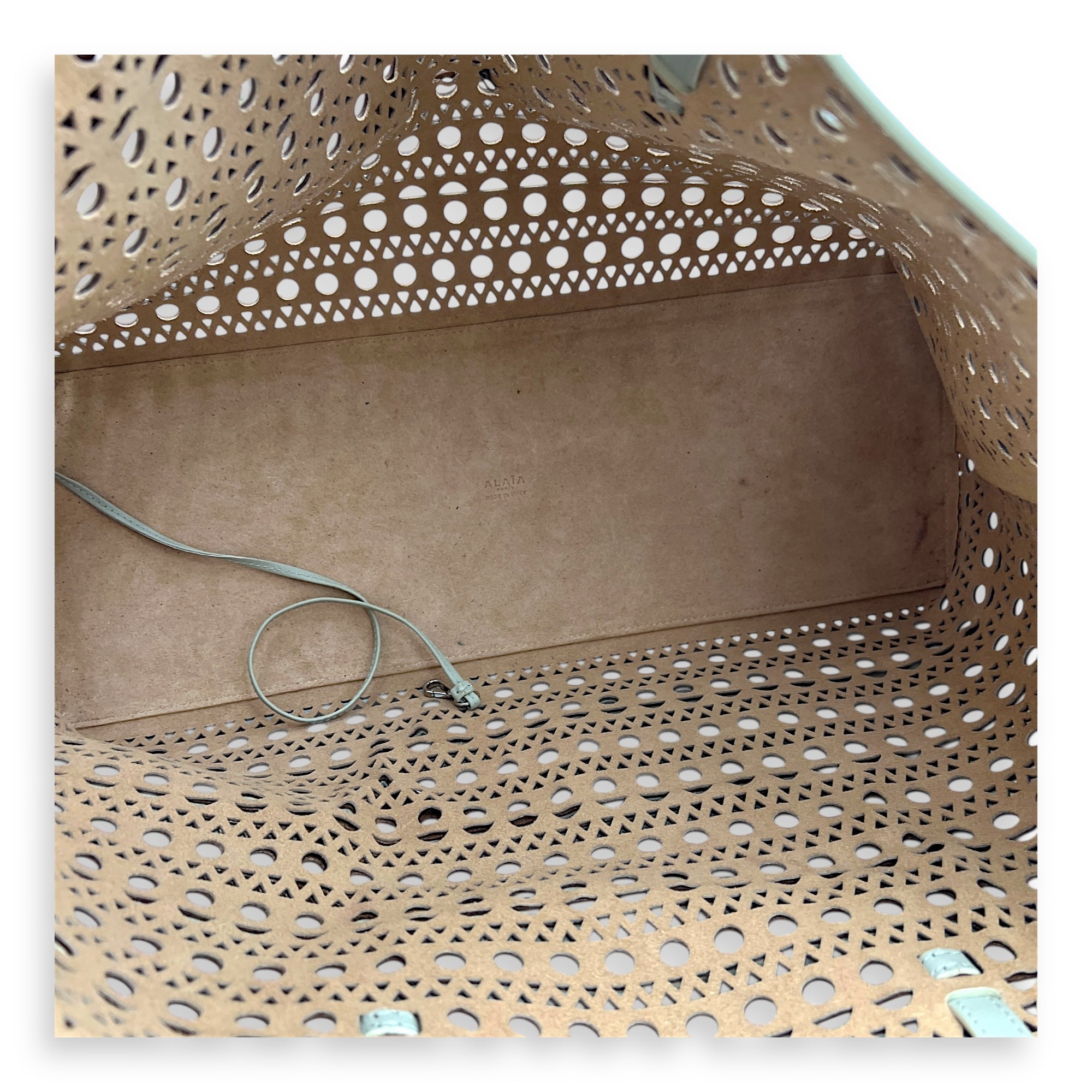 Mina Laser Cut 44 White Top Handle Bag in Calfskin, Silver hardware