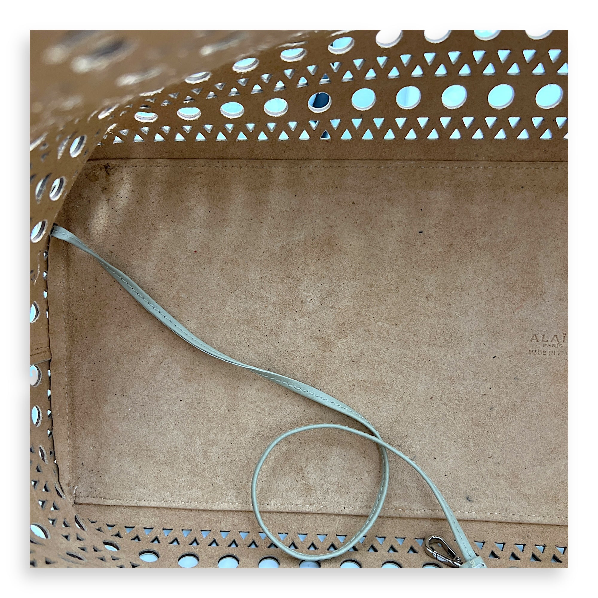 Mina Laser Cut 44 White Top Handle Bag in Calfskin, Silver hardware