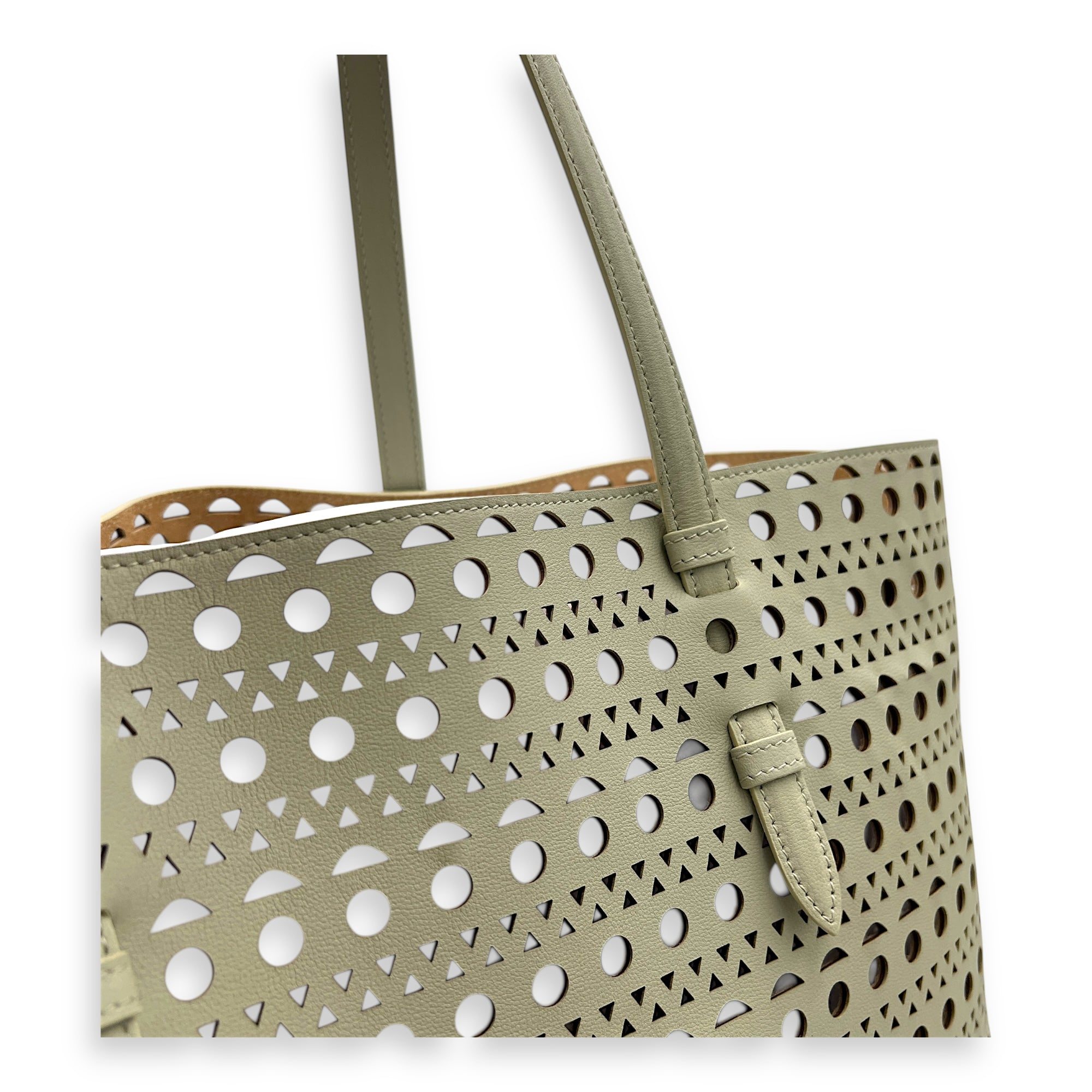 Mina Laser Cut 44 White Top Handle Bag in Calfskin, Silver hardware