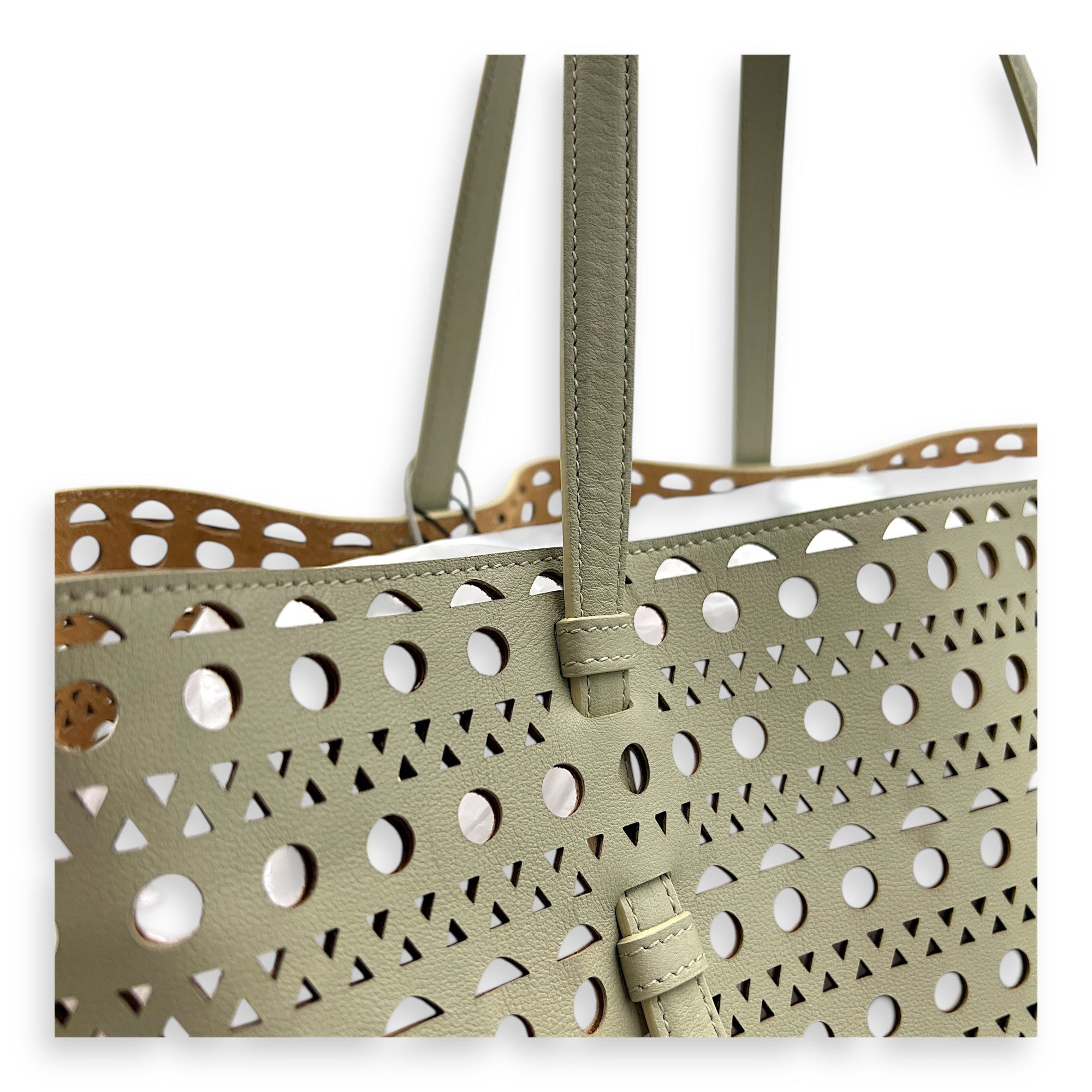 Mina Laser Cut 44 White Top Handle Bag in Calfskin, Silver hardware