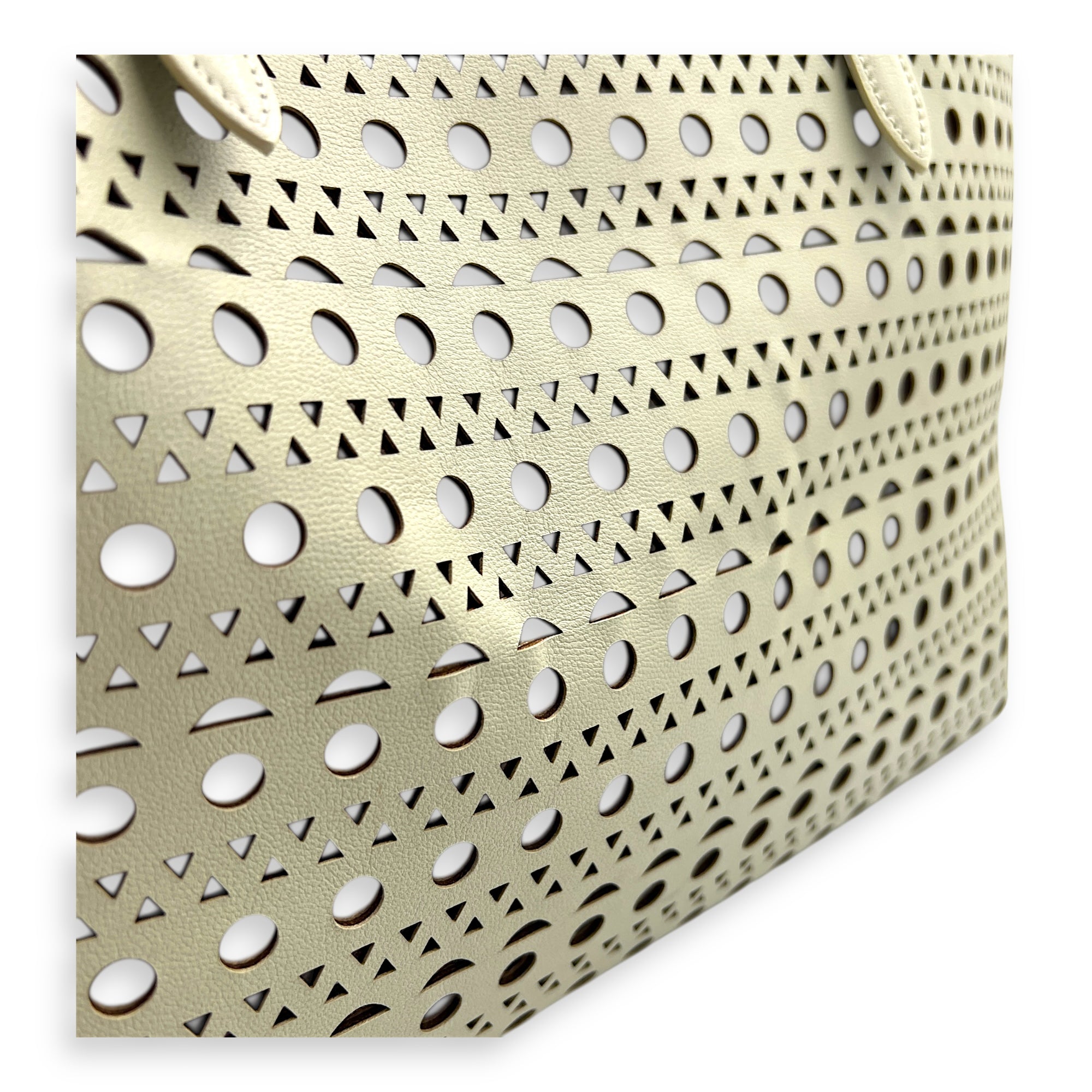 Mina Laser Cut 44 White Top Handle Bag in Calfskin, Silver hardware