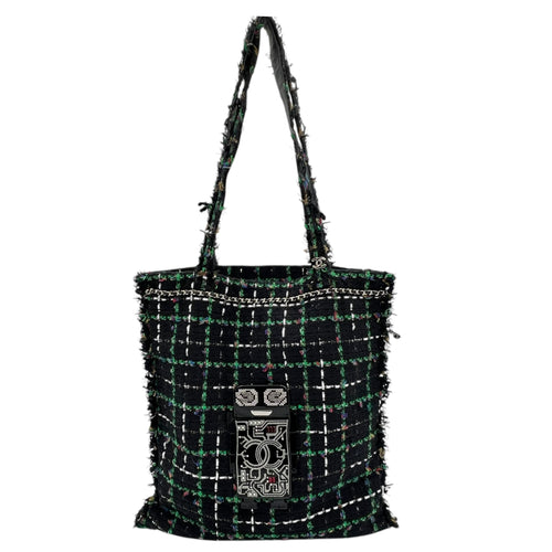 Robot Shopper Bag Black Top Handle Bag in Tweed, Silver hardware