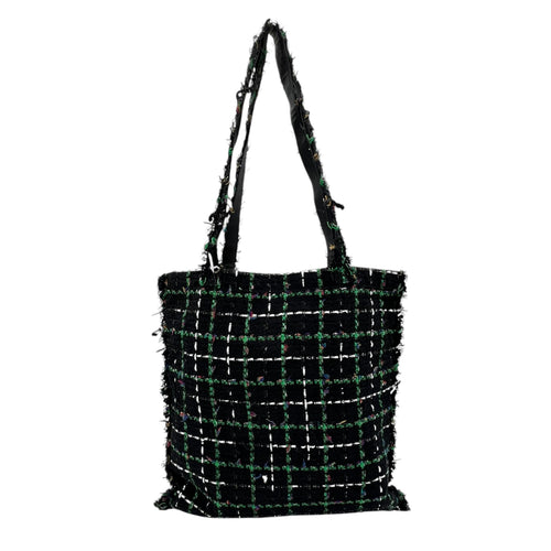 Robot Shopper Bag Black Top Handle Bag in Tweed, Silver hardware