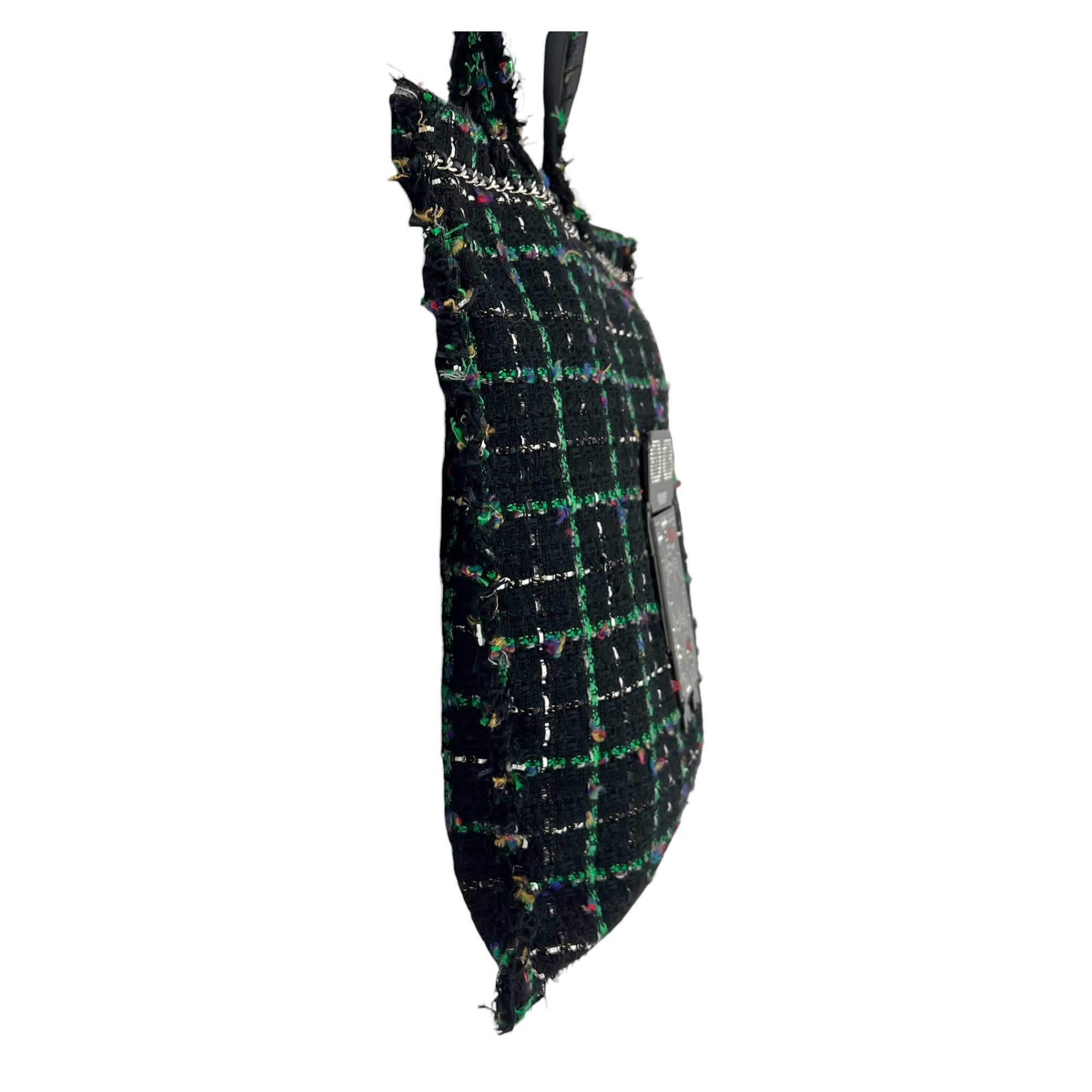 Robot Shopper Bag Black Top Handle Bag in Tweed, Silver hardware