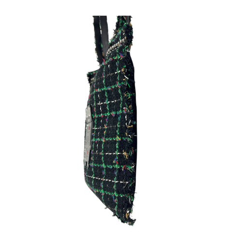 Robot Shopper Bag Black Top Handle Bag in Tweed, Silver hardware