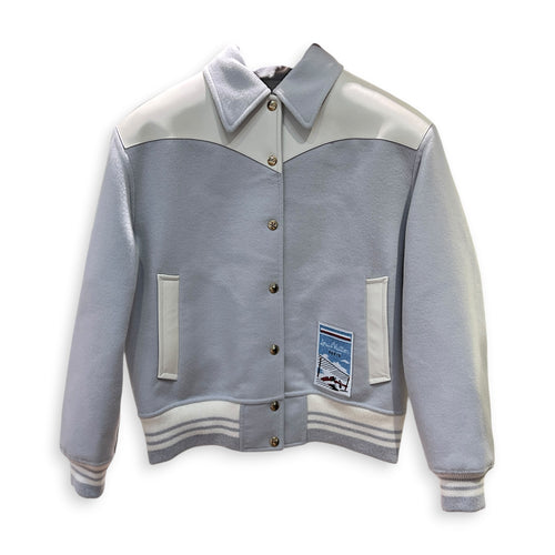 Boxy Fit Patch FR38 Grey Varsity Jacket in Wool, Silver hardware