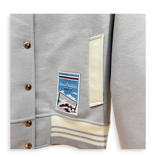 Boxy Fit Patch FR38 Grey Varsity Jacket in Wool, Silver hardware