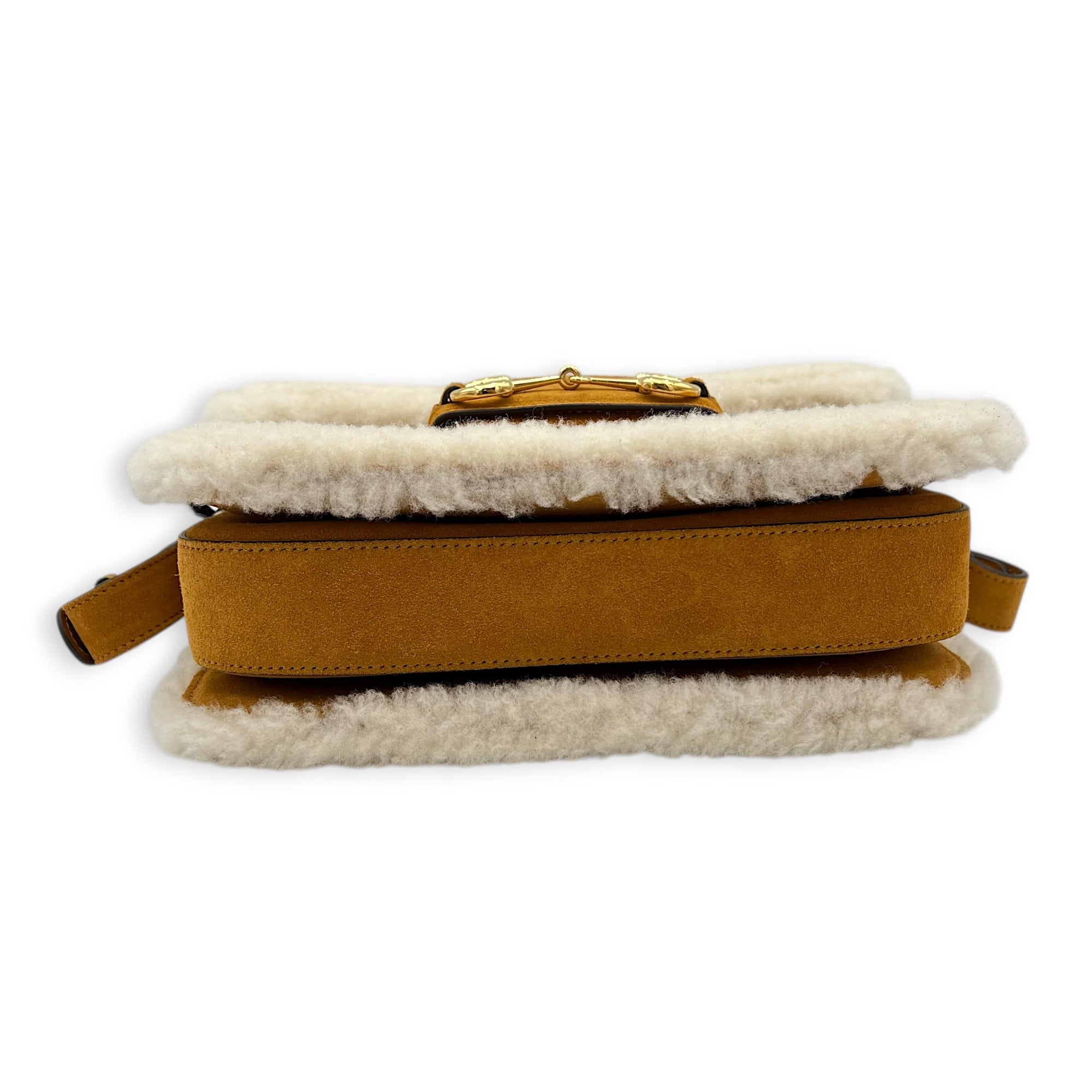 Horsebit 1955 Shoulder Bag Brown in Suede Leather, Gold hardware