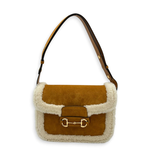 Horsebit 1955 Shoulder Bag Brown in Suede Leather, Gold hardware