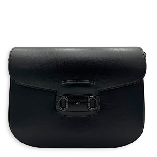 Horsebit 1955 Large Black Shoulder Bag in Calfskin, Black hardware