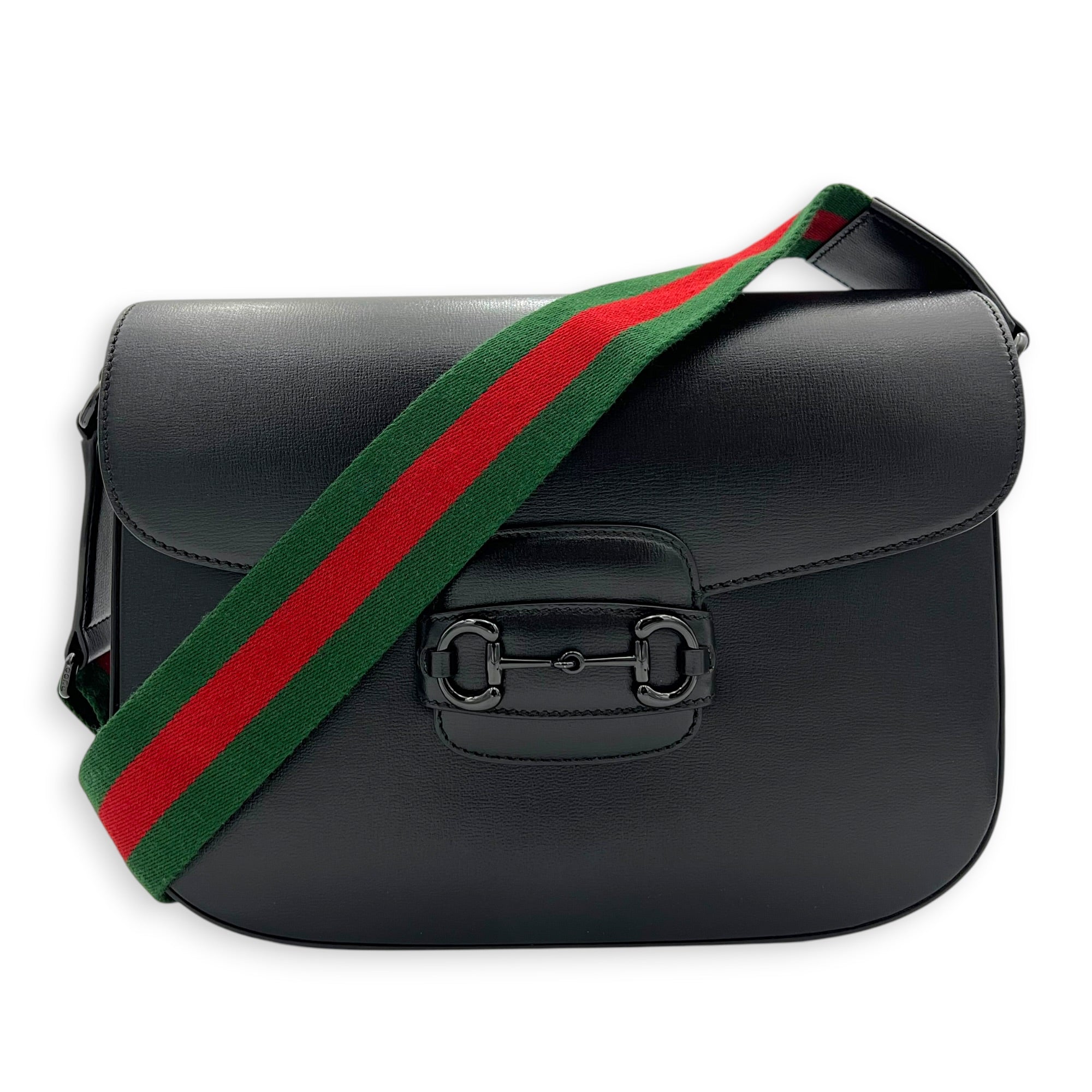 Horsebit 1955 Large Black Shoulder Bag in Calfskin, Black hardware