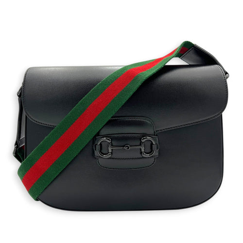 Horsebit 1955 Large Black Shoulder Bag in Calfskin, Black hardware