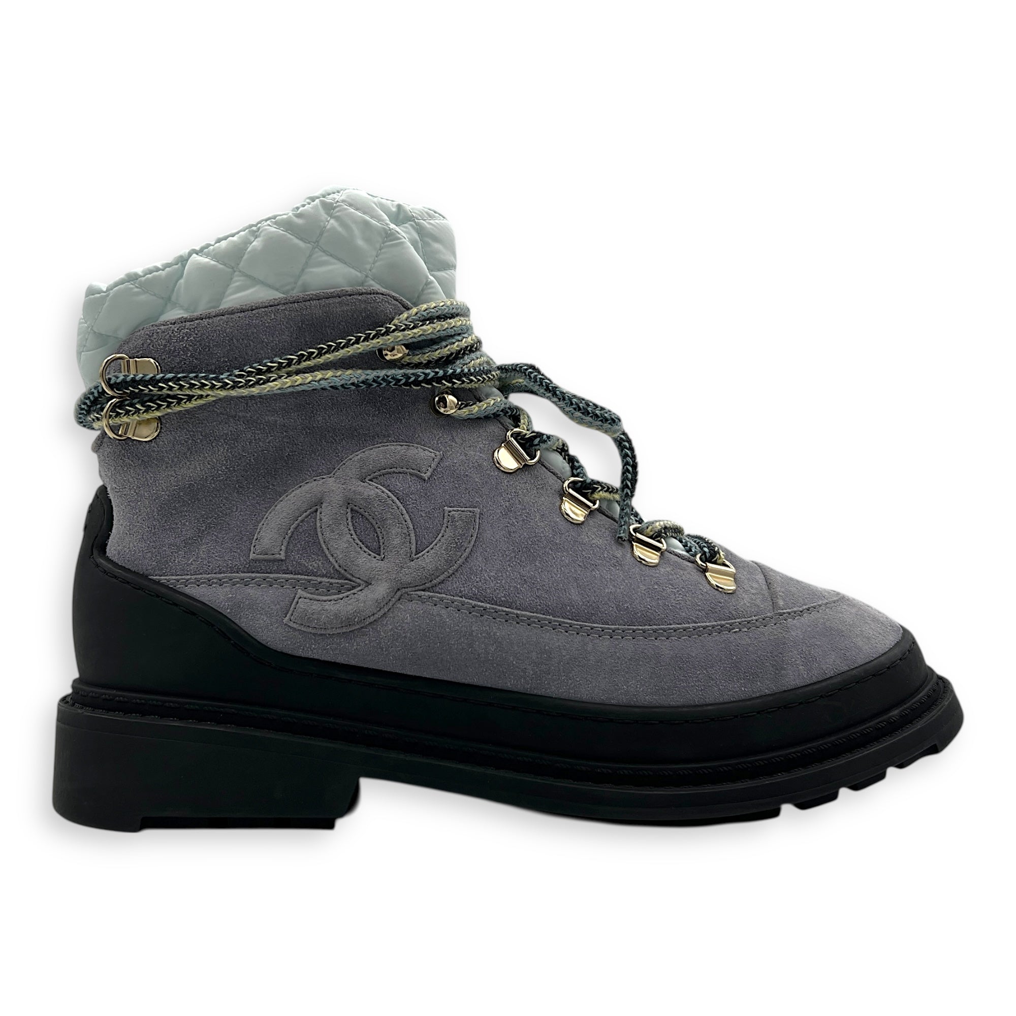CC Padded Spiked 38 Grey Boots in Suede Leather, Gold hardware