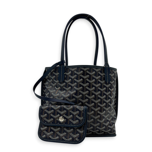 Anjou Mini Blue Tote Bag in Coated Canvas, Silver hardware