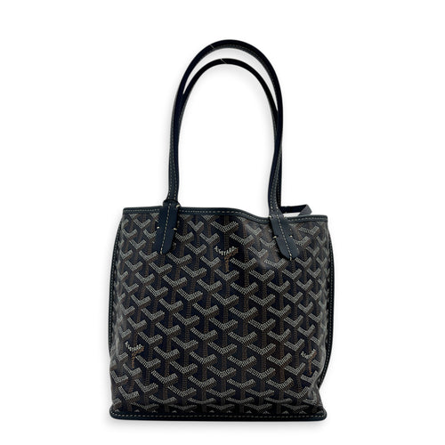Anjou Mini Blue Tote Bag in Coated Canvas, Silver hardware