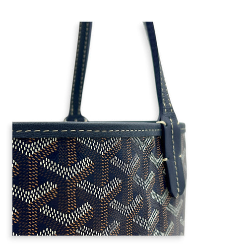 Anjou Mini Blue Tote Bag in Coated Canvas, Silver hardware