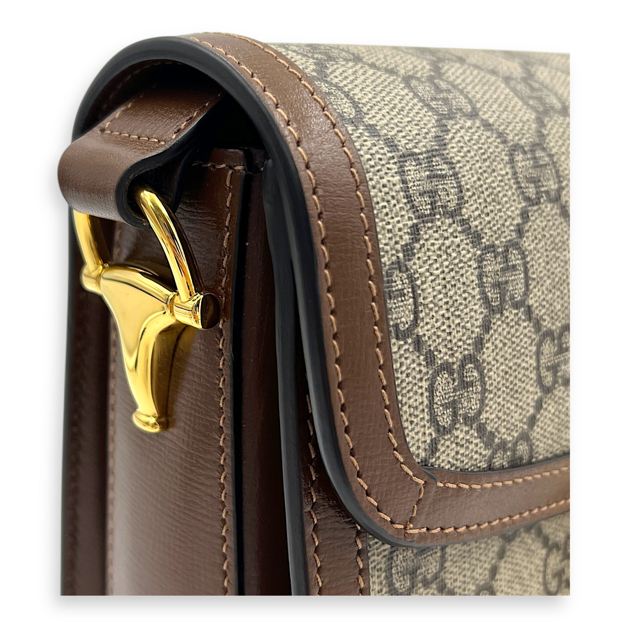 Horsebit 1955 Shoulder Bag Brown in Coated Canvas, Gold hardware
