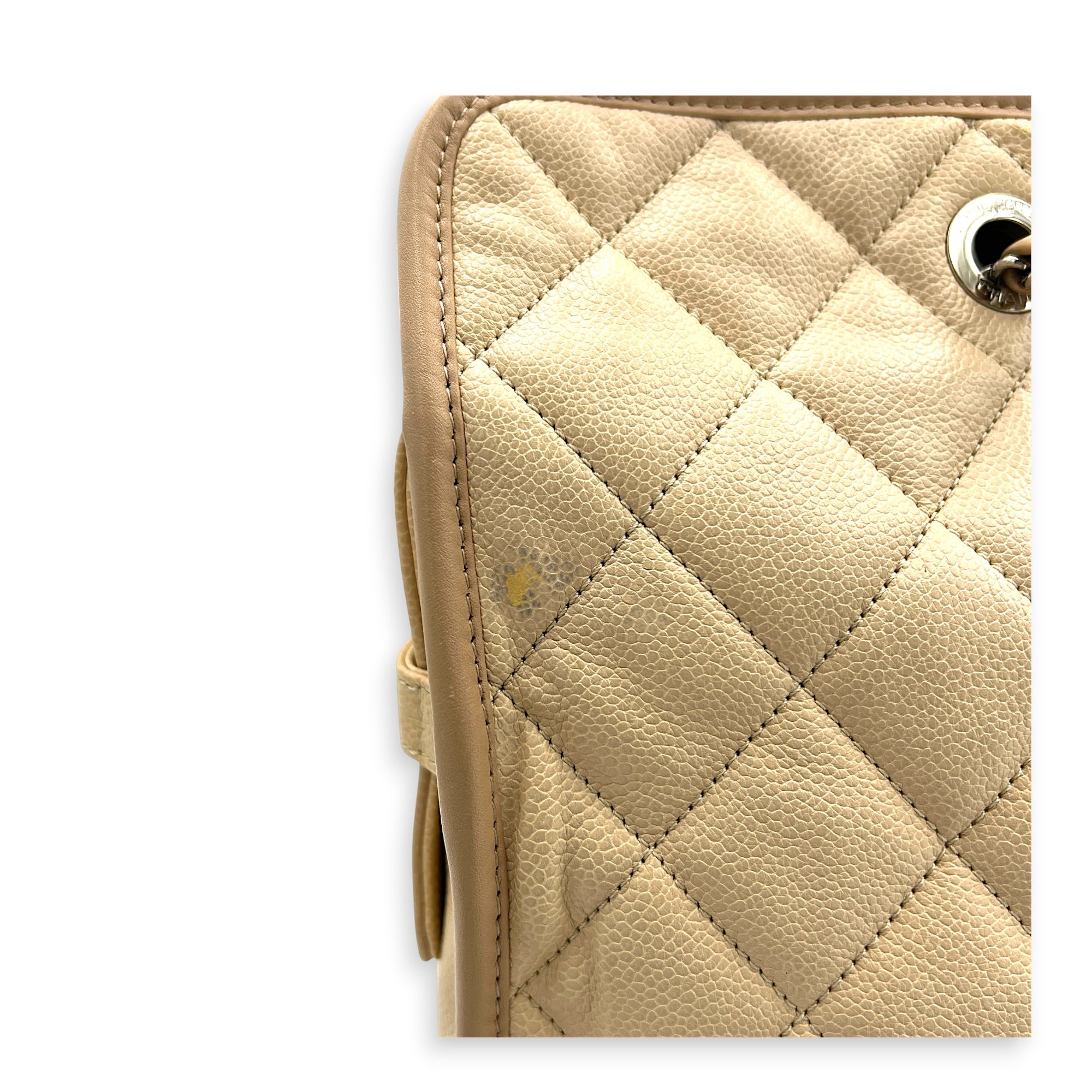 French Riviera Beige Shoulder Bag in Caviar Leather, Silver hardware