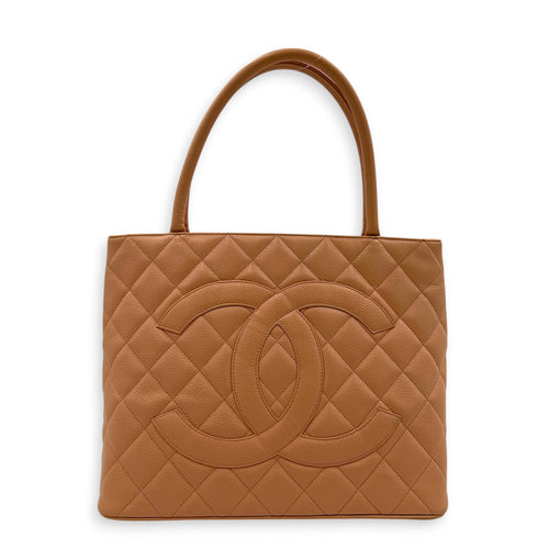 Medallion Peach Tote Bag in Caviar Leather, Gold hardware
