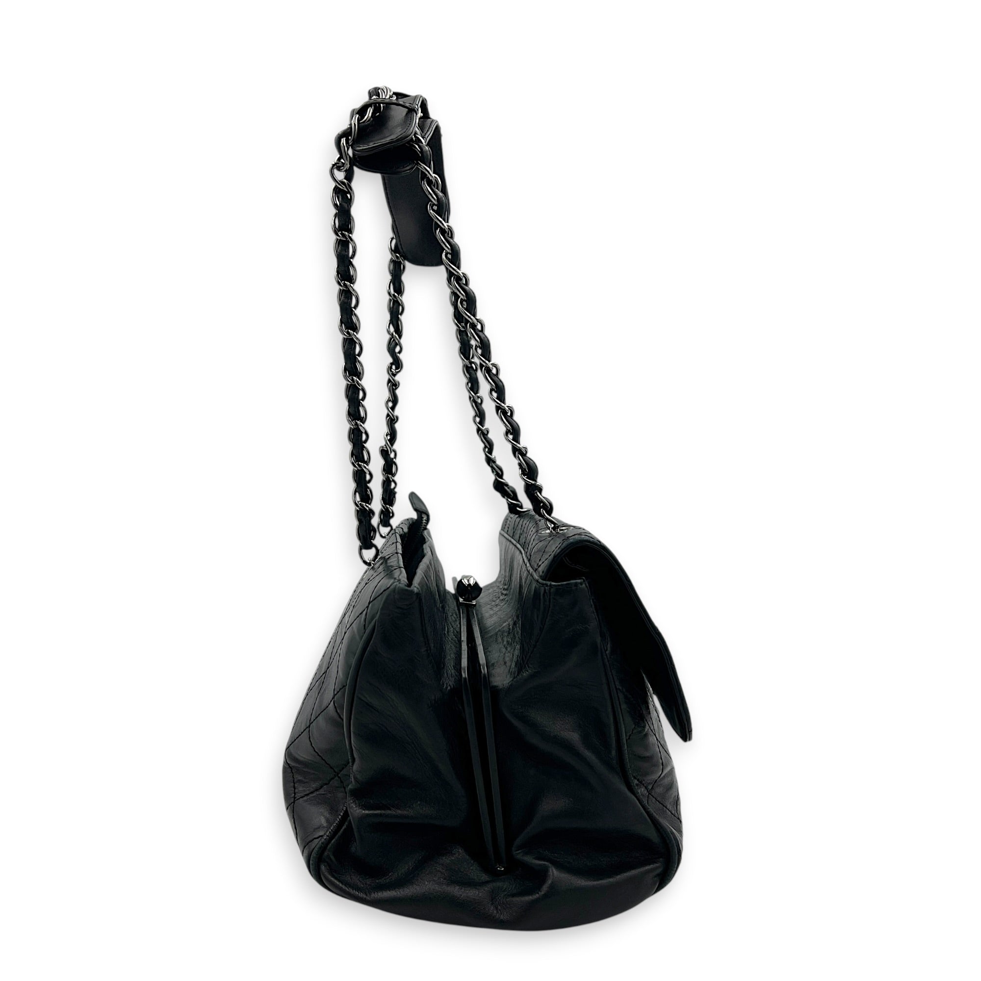 Ritz Flap Shoulder Bag Black in Saffiano Leather, Silver hardware