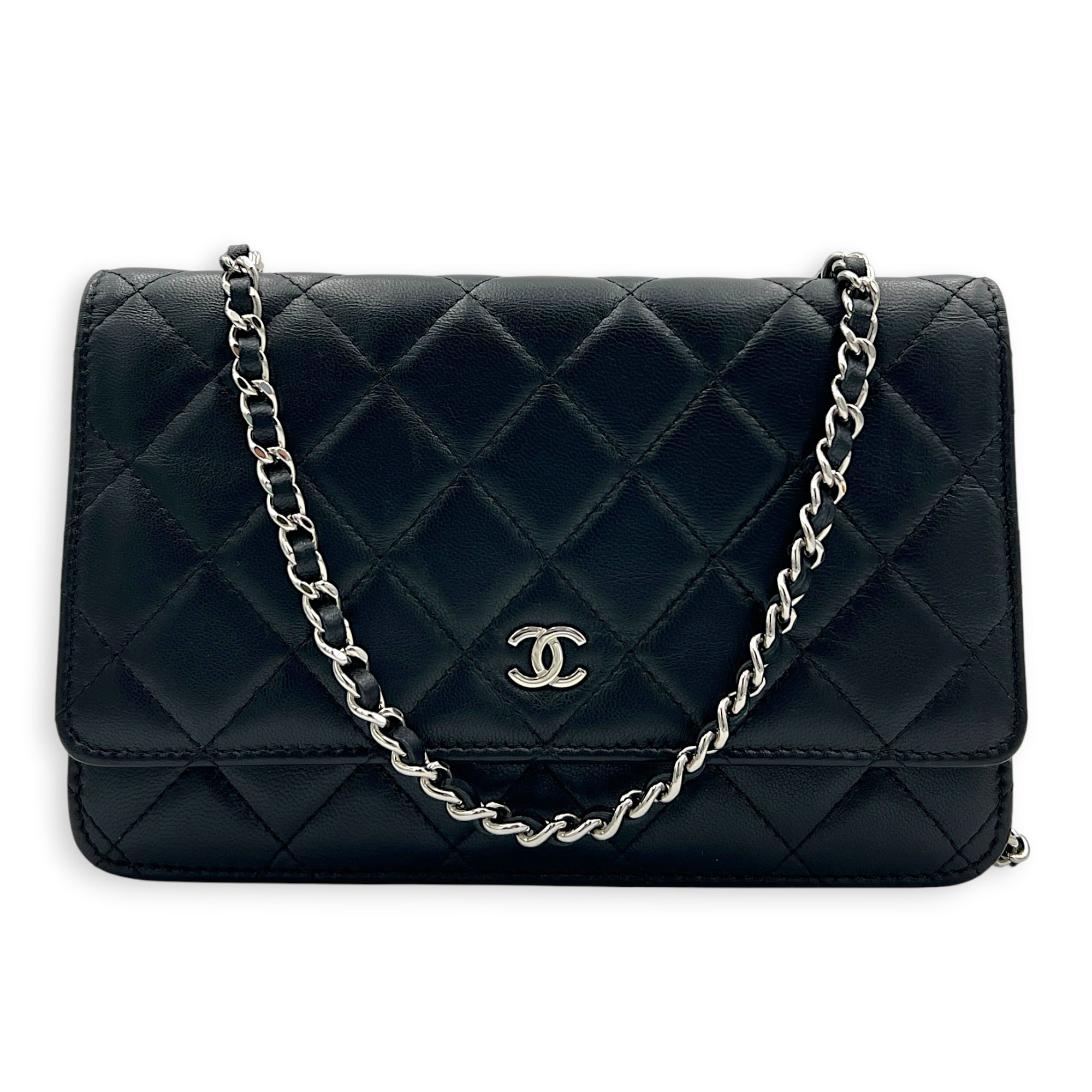 CC Black Wallet On Chain in Lambskin, Silver hardware