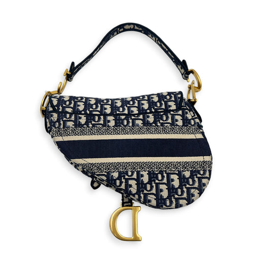 Saddle Medium Blue Shoulder Bag in Jacquard, Gold hardware