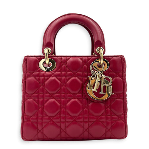 Lady Dior Small Red Top Handle Bag in Lambskin, Gold hardware