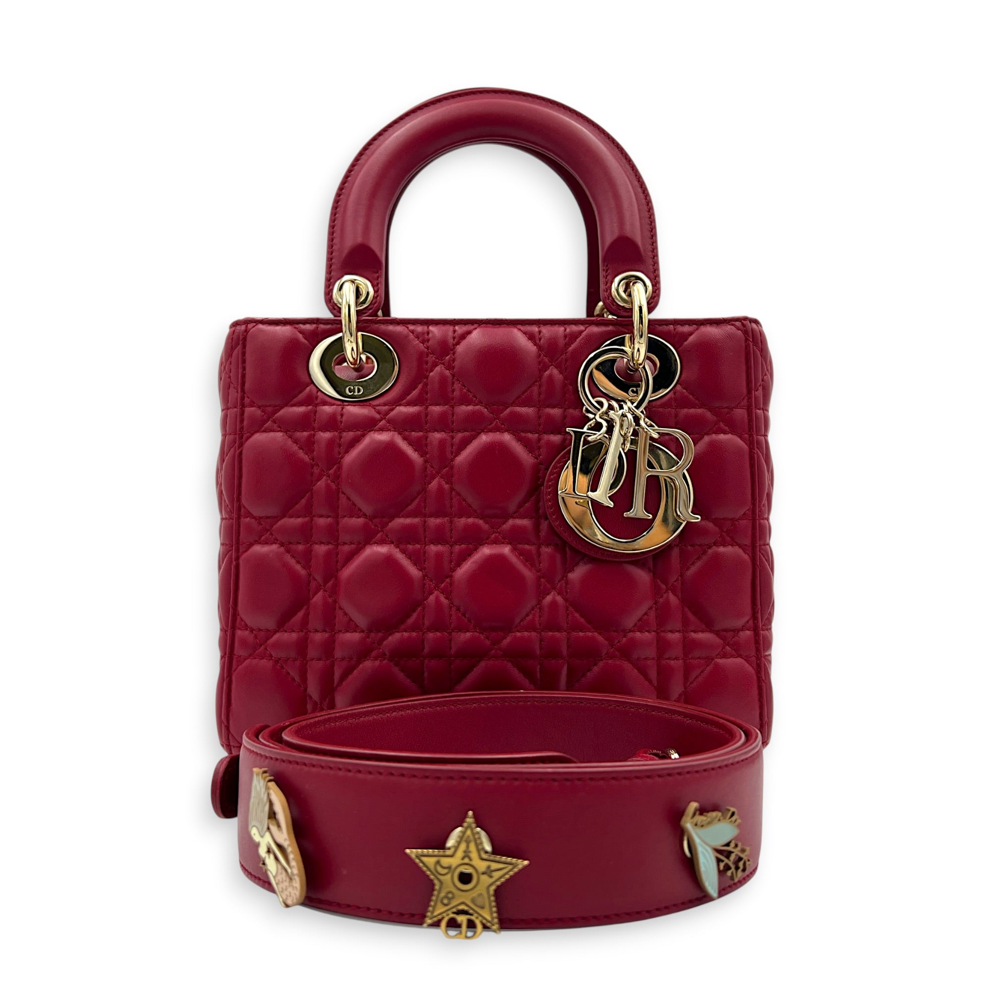 Lady Dior Small Red Top Handle Bag in Lambskin, Gold hardware