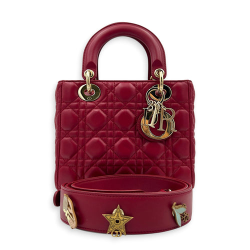 Lady Dior Small Red Top Handle Bag in Lambskin, Gold hardware