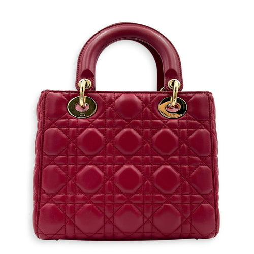 Lady Dior Small Red Top Handle Bag in Lambskin, Gold hardware