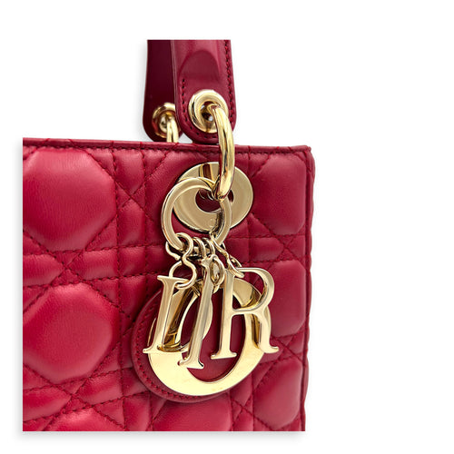 Lady Dior Small Red Top Handle Bag in Lambskin, Gold hardware
