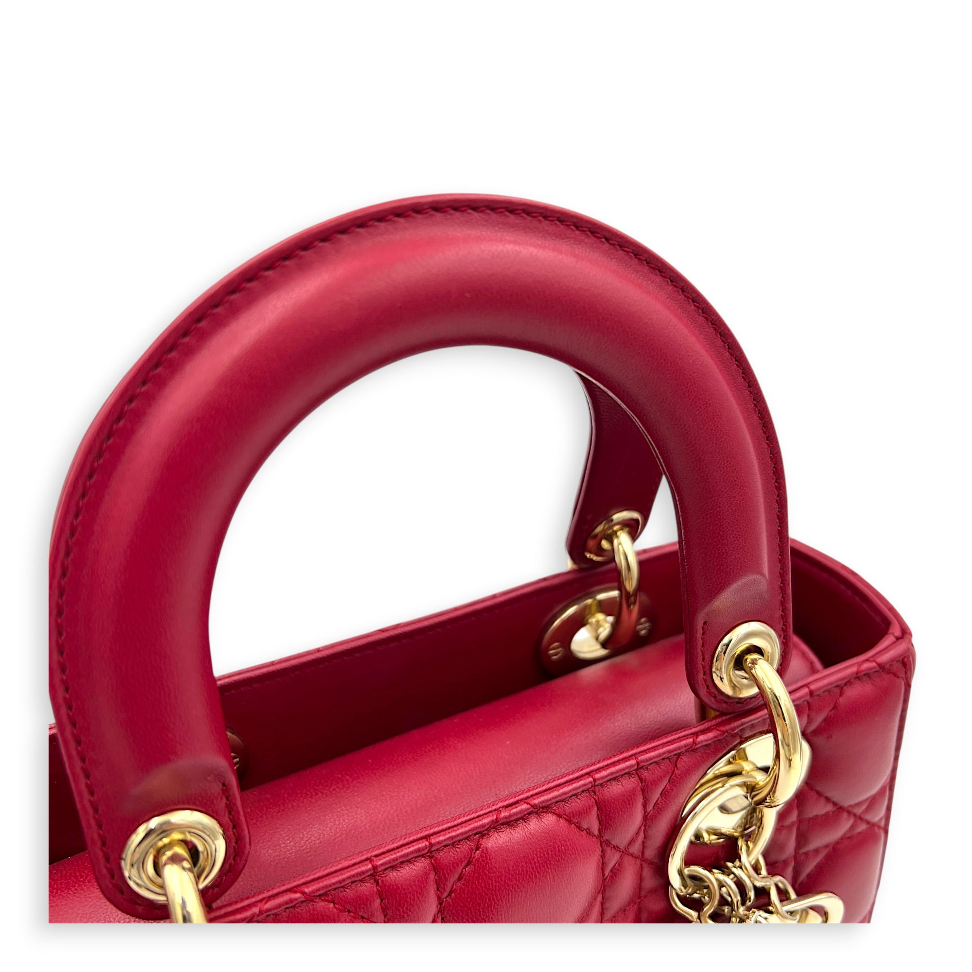 Lady Dior Small Red Top Handle Bag in Lambskin, Gold hardware