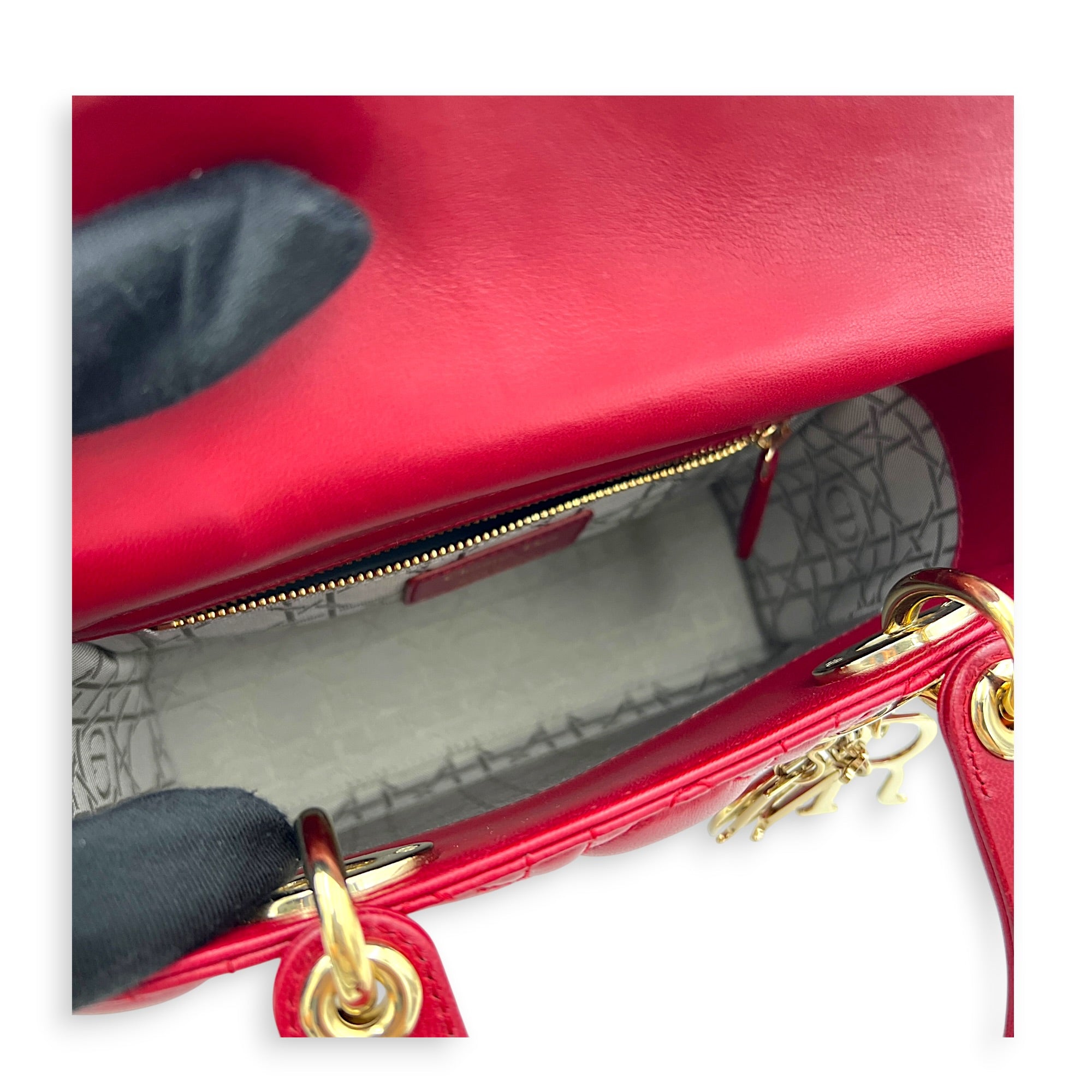 Lady Dior Small Red Top Handle Bag in Lambskin, Gold hardware