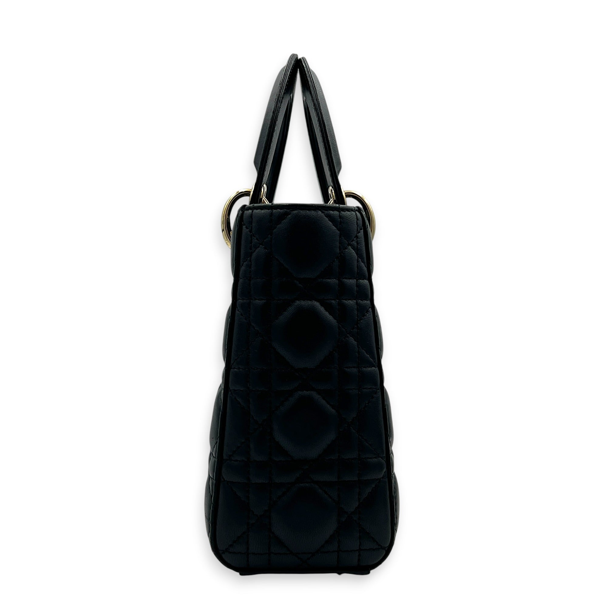 Lady Dior Small Black Top Handle Bag in Lambskin, Gold hardware