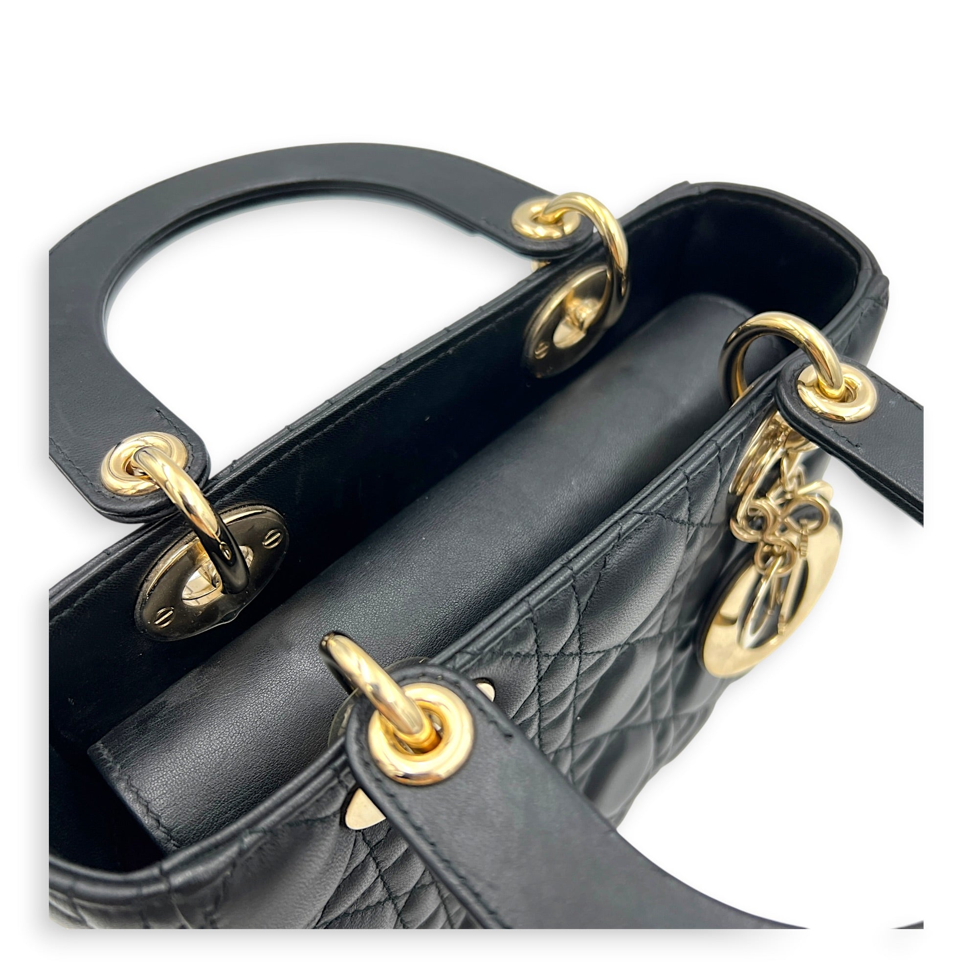 Lady Dior Small Black Top Handle Bag in Lambskin, Gold hardware