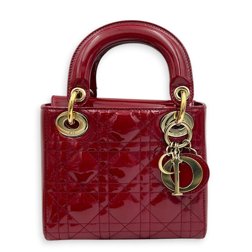 Lady Dior Mini Red Top Handle Bag in Patent Leather, Gold hardware