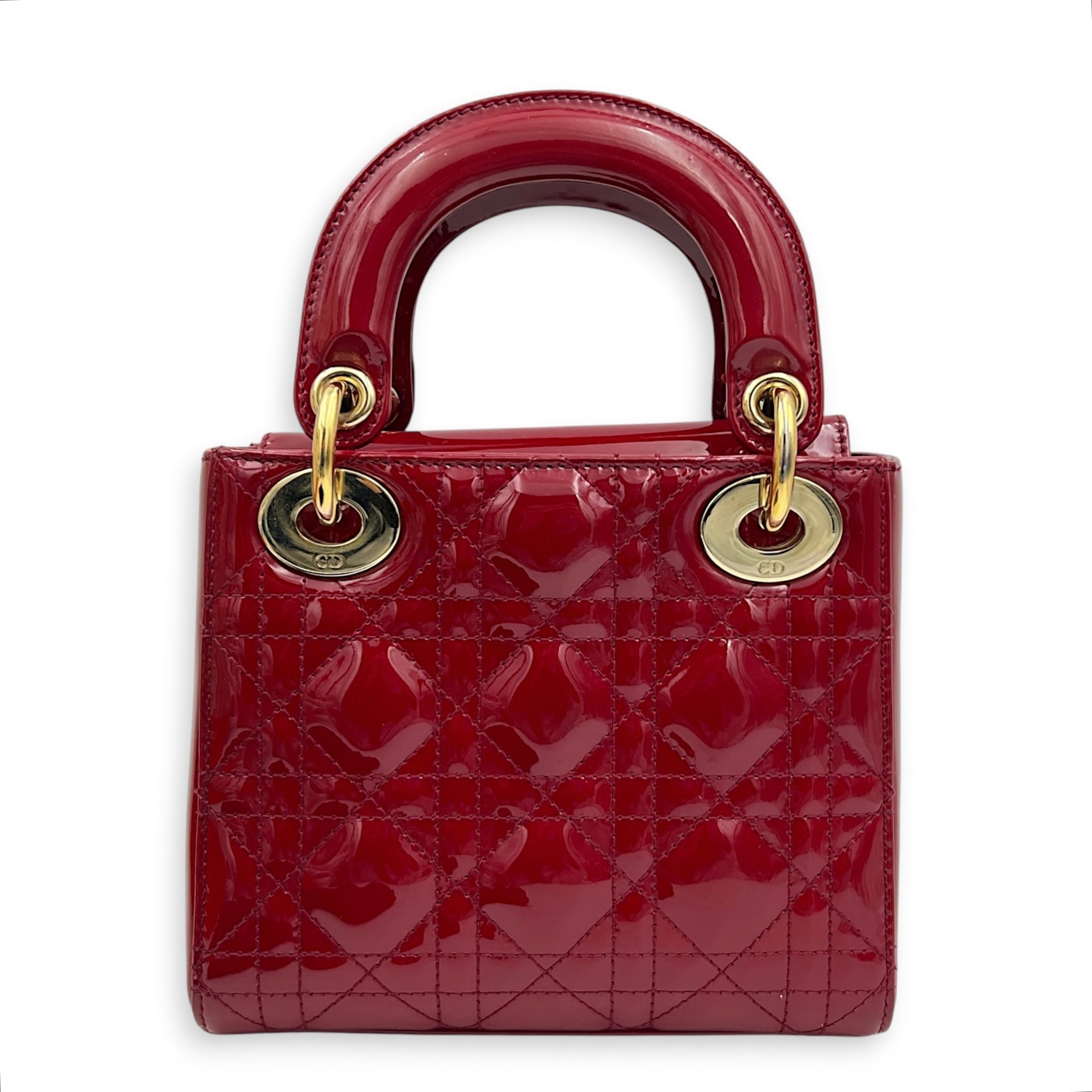 Lady Dior Mini Red Top Handle Bag in Patent Leather, Gold hardware