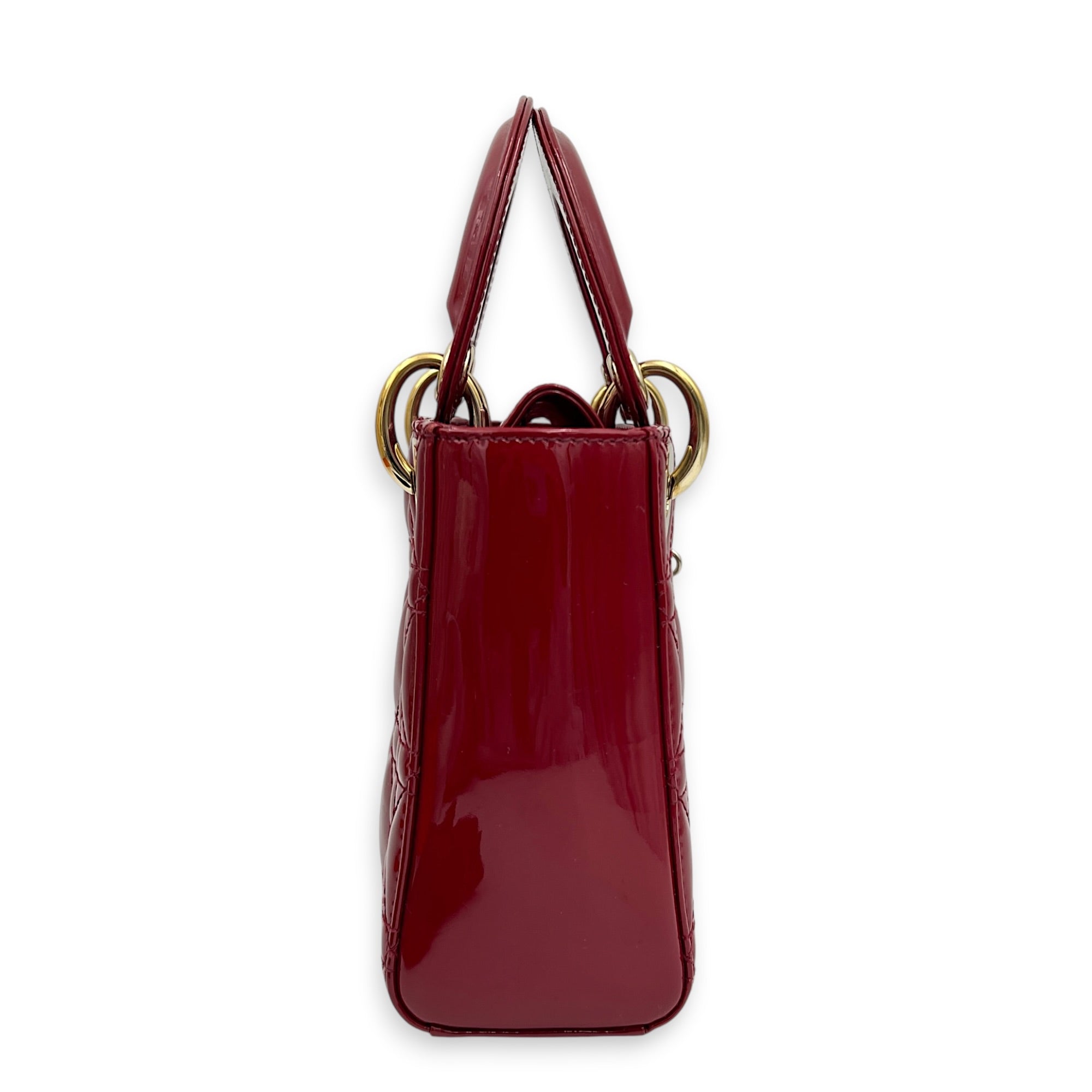 Lady Dior Mini Red Top Handle Bag in Patent Leather, Gold hardware
