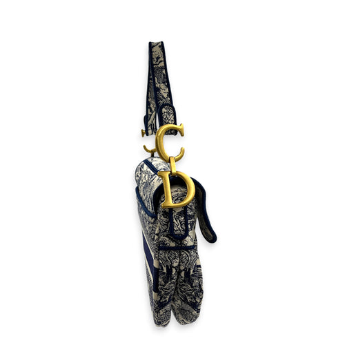 Saddle Medium Blue Shoulder Bag in Jacquard, Gold hardware