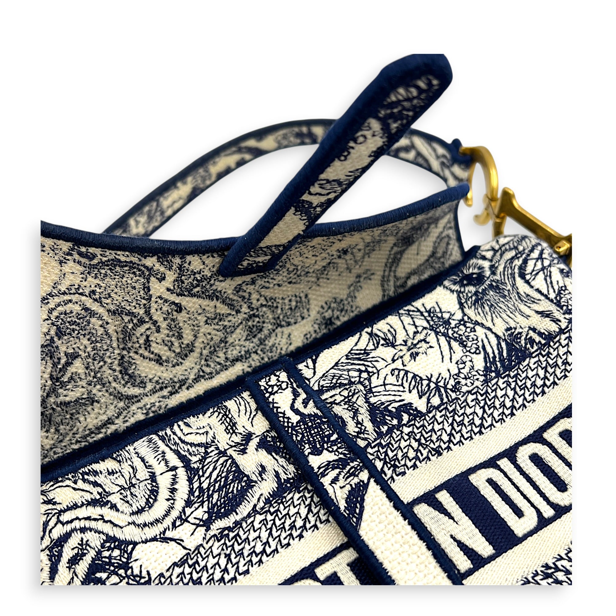 Saddle Medium Blue Shoulder Bag in Jacquard, Gold hardware