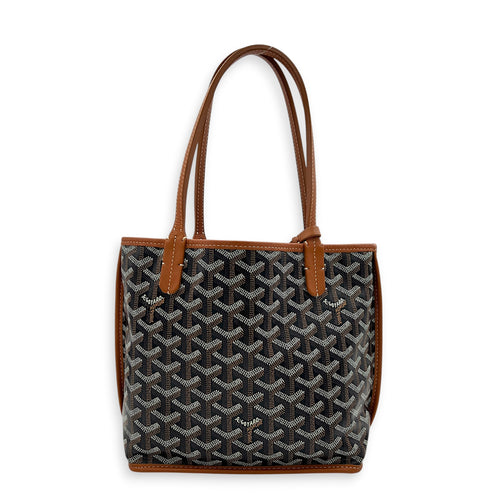 Anjou Mini Black/Tan Tote Bag in Coated Canvas, Silver hardware