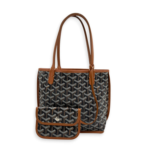 Anjou Mini Black/Tan Tote Bag in Coated Canvas, Silver hardware