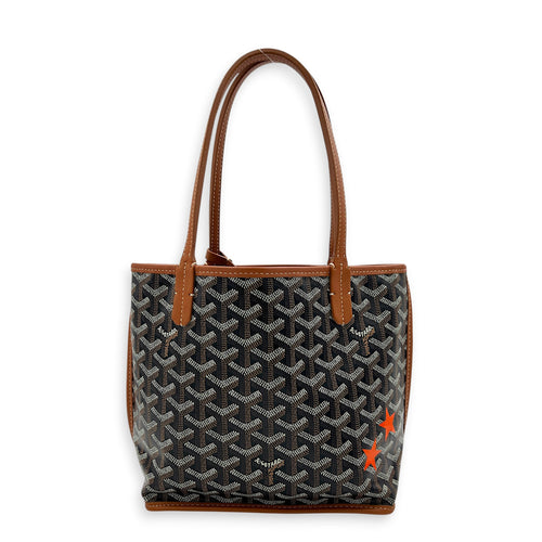 Anjou Mini Black/Tan Tote Bag in Coated Canvas, Silver hardware
