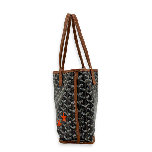 Anjou Mini Black/Tan Tote Bag in Coated Canvas, Silver hardware