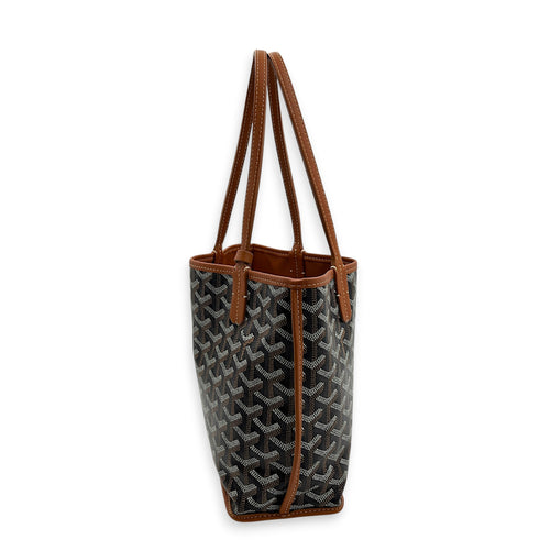 Anjou Mini Black/Tan Tote Bag in Coated Canvas, Silver hardware