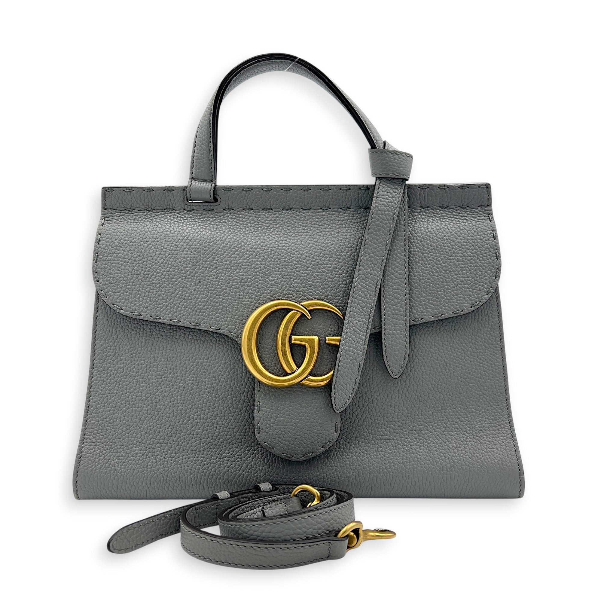 GG Marmont Grey Top Handle Bag in Calfskin, Gold hardware