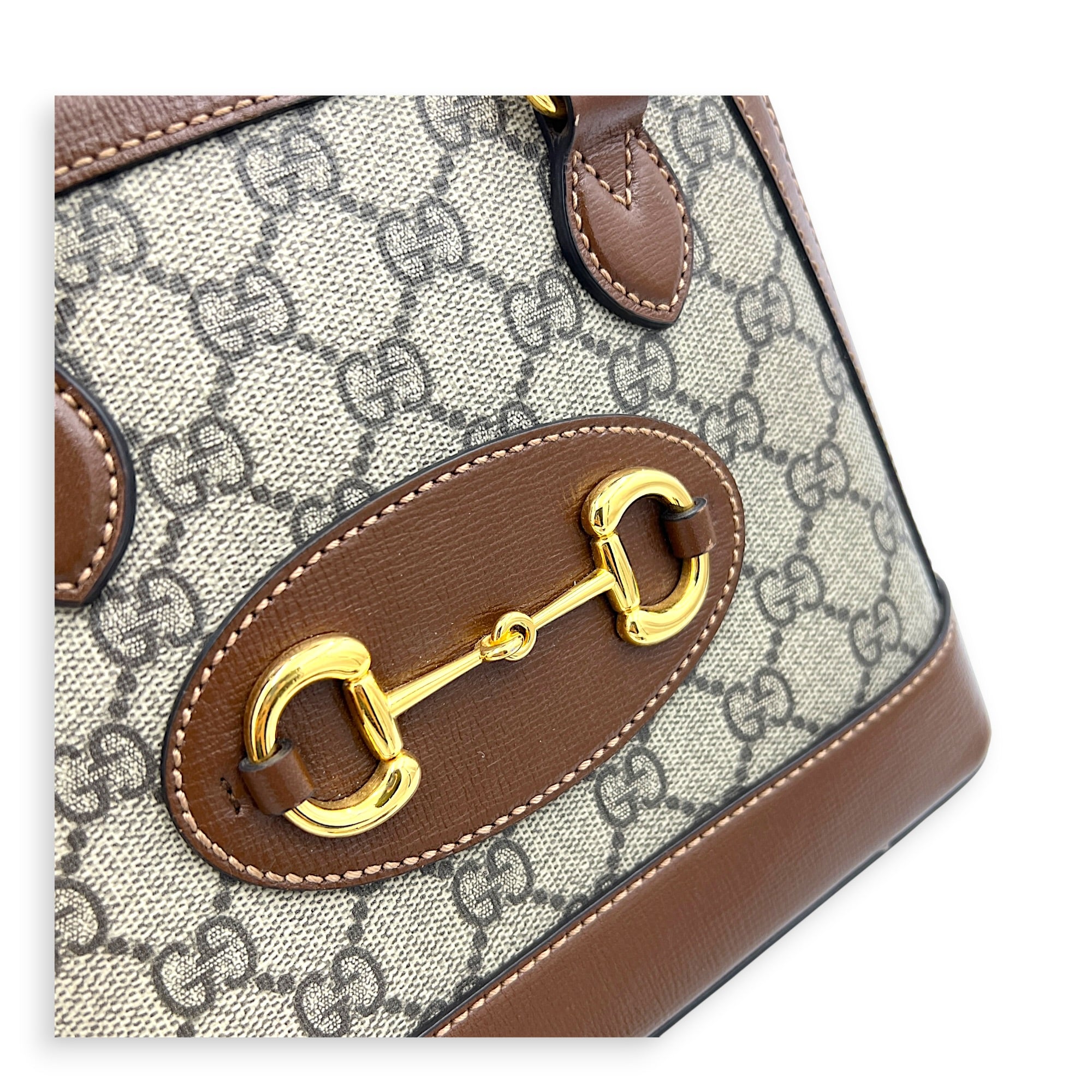 Horsebit 1955 Brown Top Handle Bag in Coated Canvas, Gold hardware