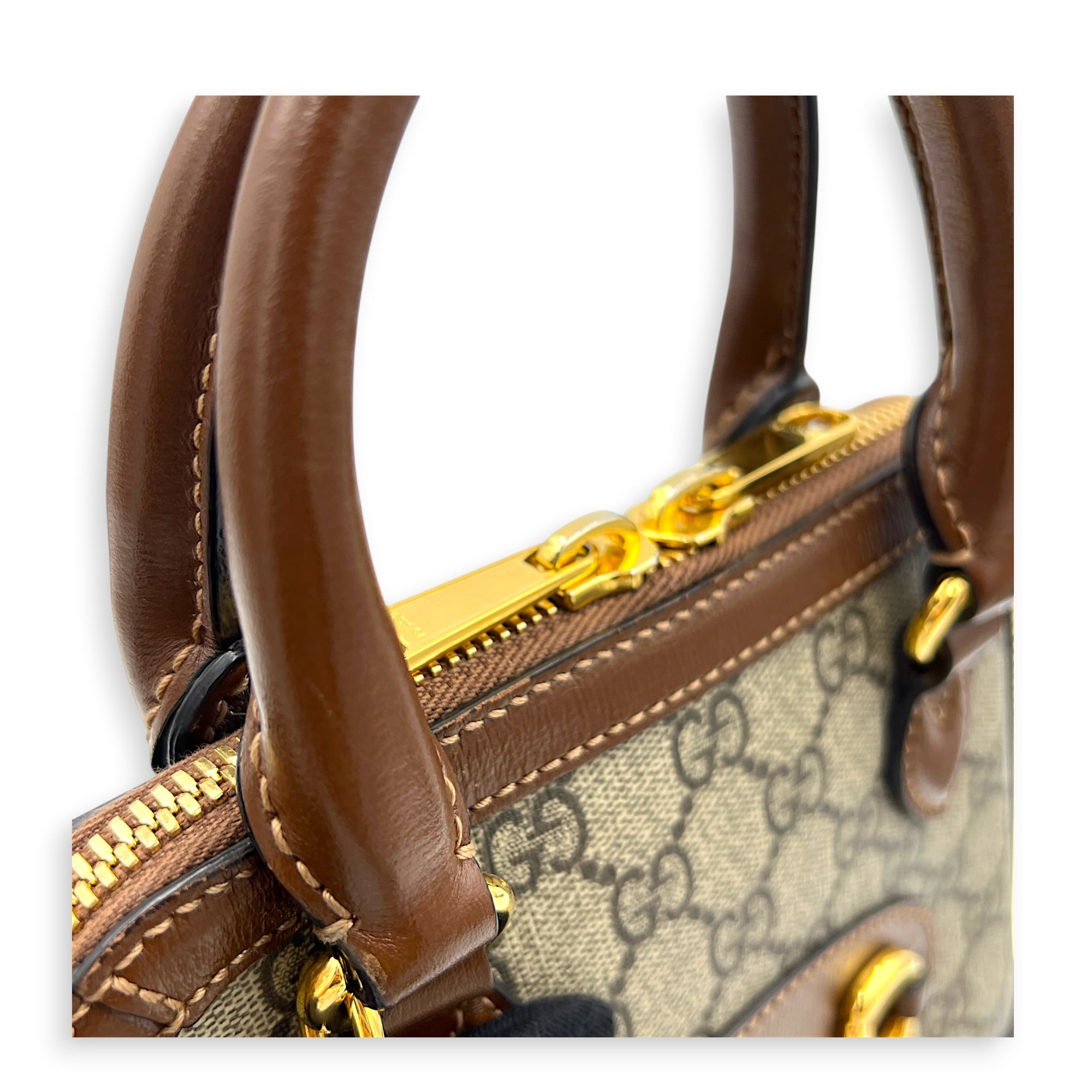 Horsebit 1955 Brown Top Handle Bag in Coated Canvas, Gold hardware